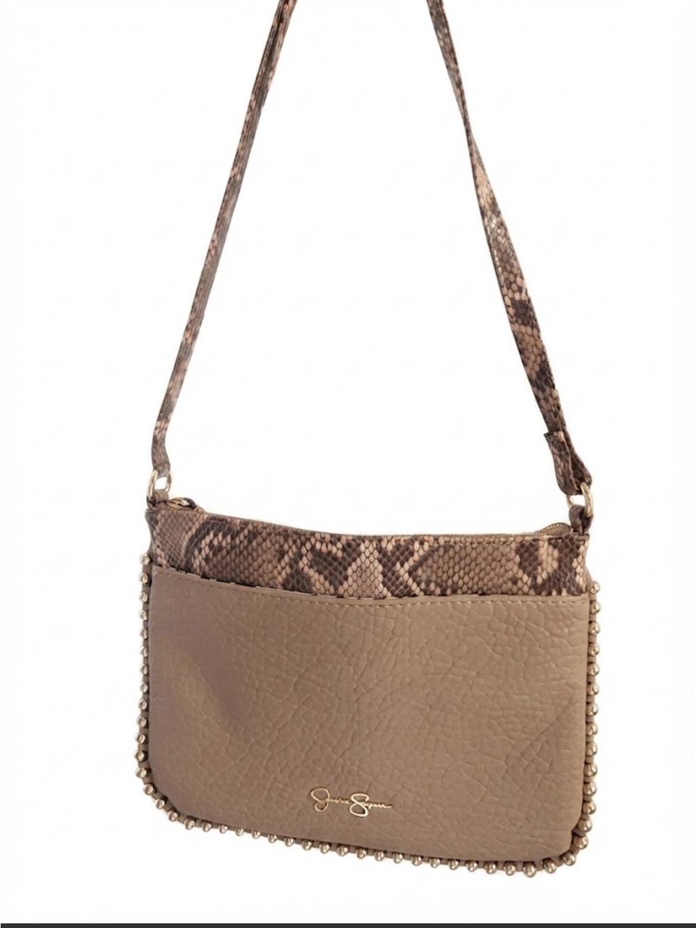 Jessica Simpson Taupe Snake-Accent Crossbody with Gold Bead Trim